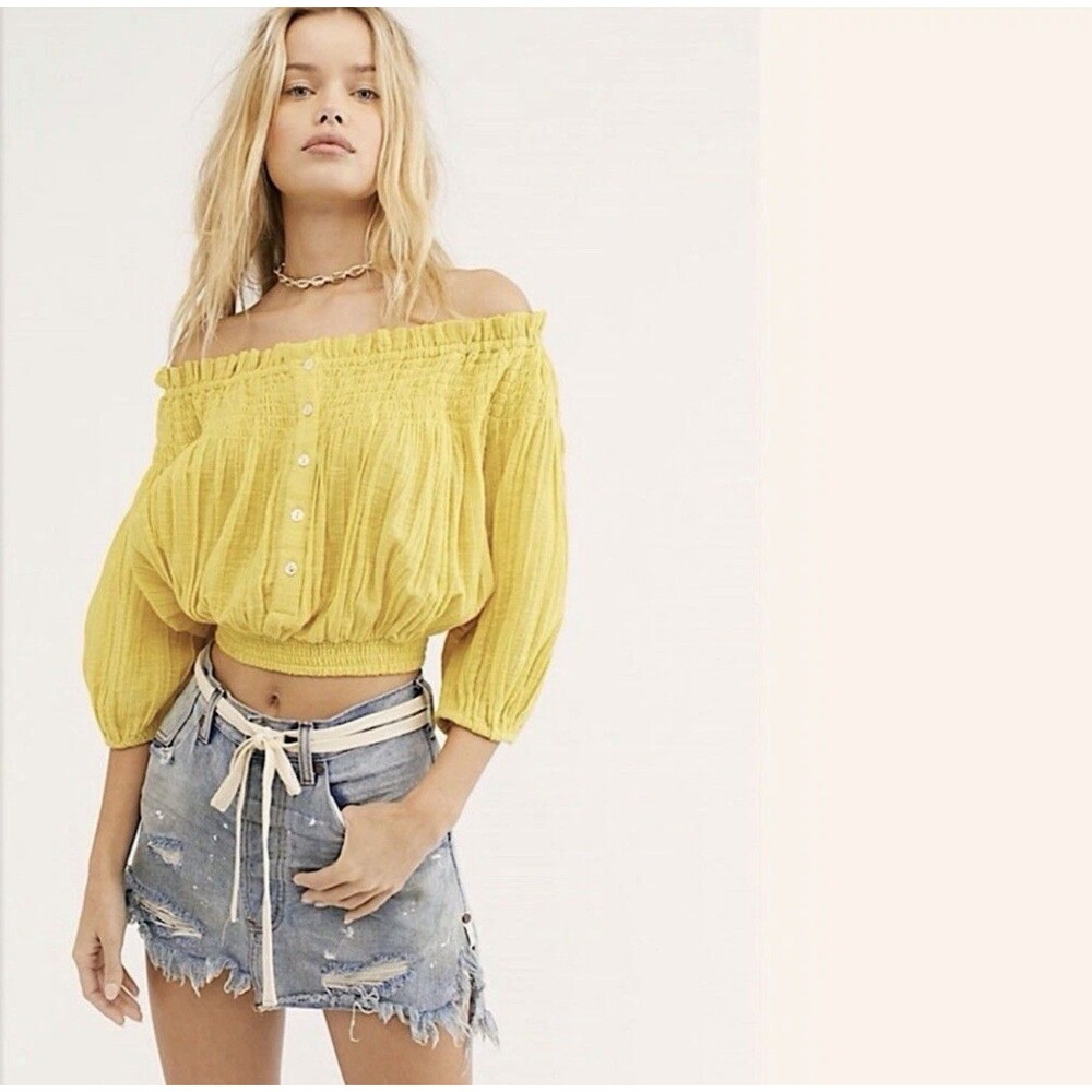 Free People We The Free Dancing Til Dawn Ruffle Shirt Yellow Large L
